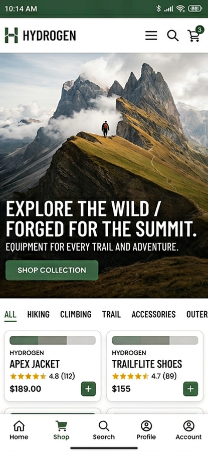Hike Crew — illustrative outdoor storefront mobile preview