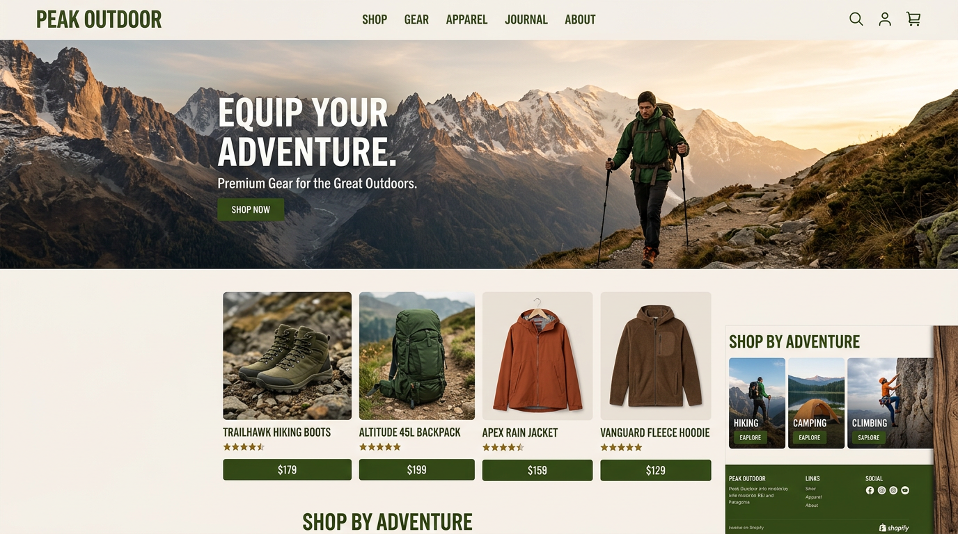 Hike Crew — illustrative outdoor storefront desktop preview