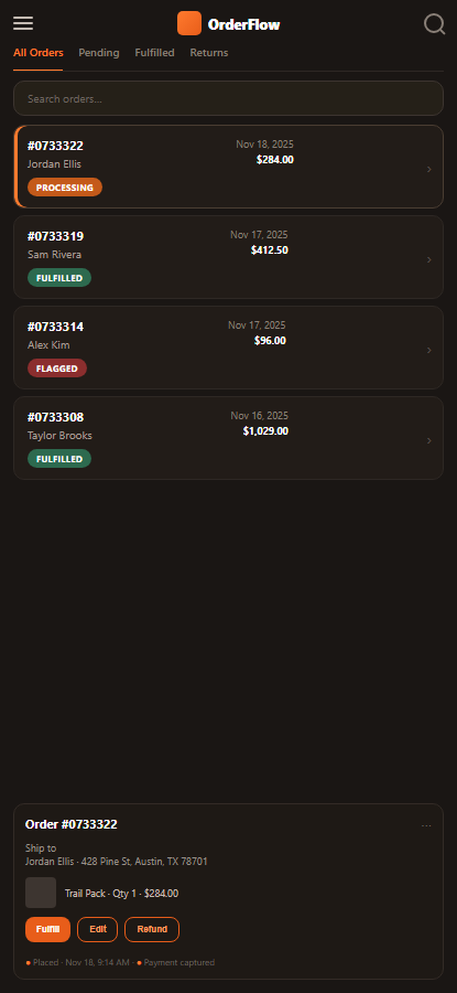 OrderFlow — mobile layout matching desktop (charcoal, orange accents, orders & detail panel)