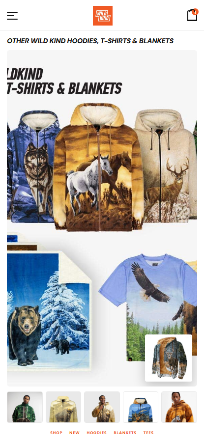 Wild Kind Life — mobile mock: app-style header, same hero collage and product strip