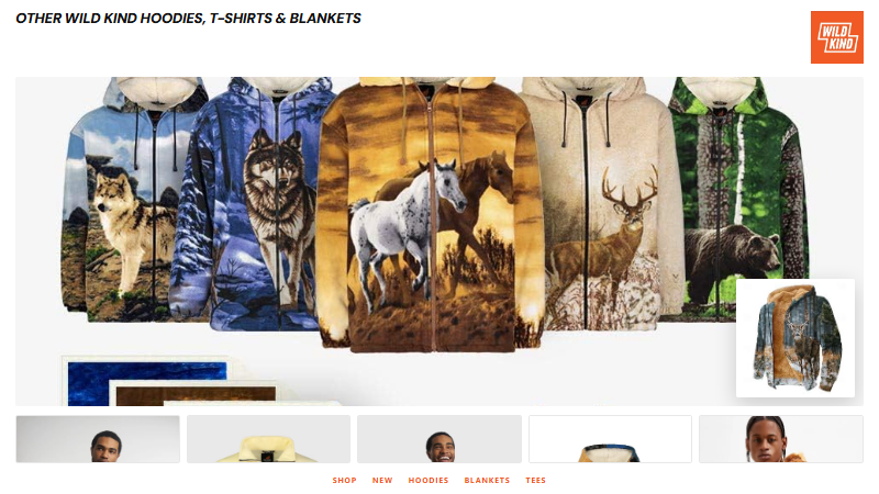 Wild Kind Life — desktop mock: Wild Kind logo, hero collage, product strip