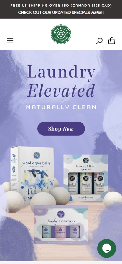 Woolzies home essentials storefront — mobile preview (same homepage)